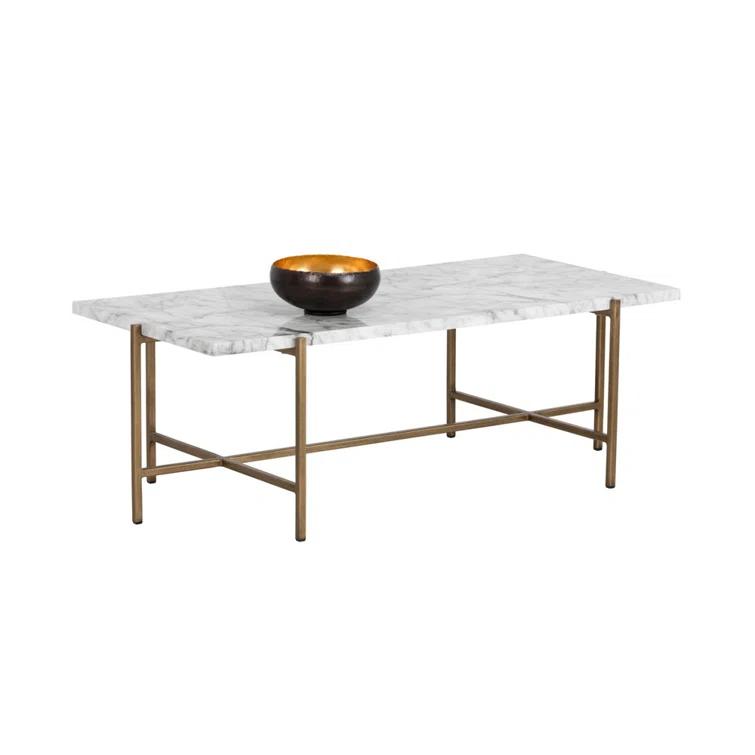 Elegant White Marble Look and Antique Brass Rectangular Outdoor Coffee Table