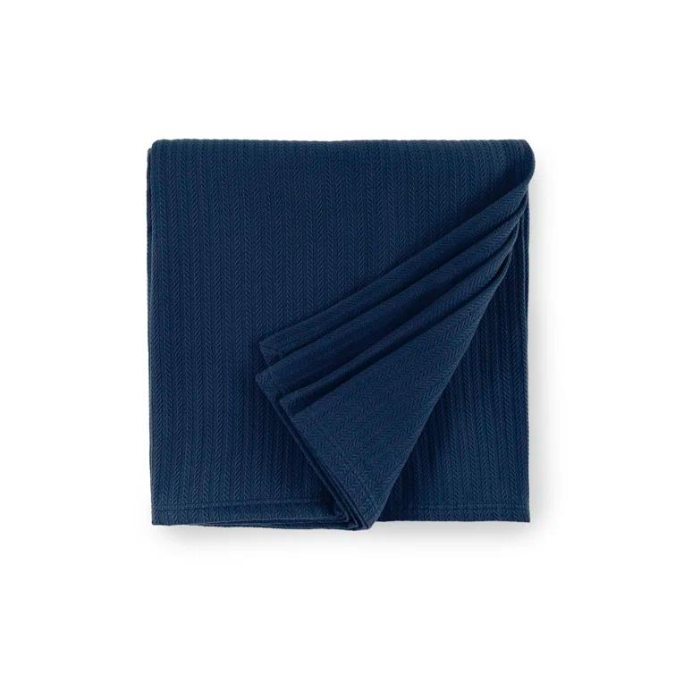 Minimalist Navy Cotton King Blanket with Striped Weave