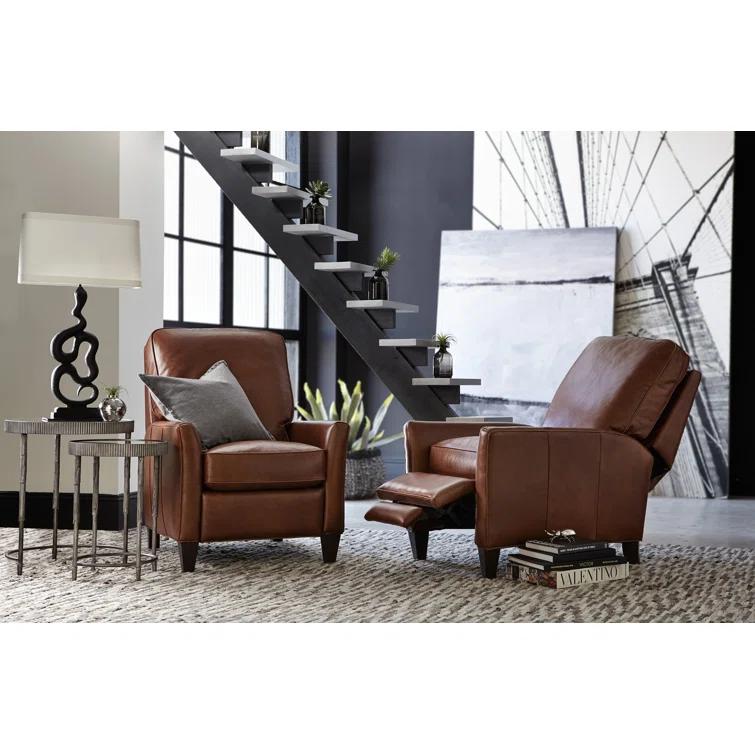 Handcrafted Brown Leather Recliner with Dark Wood Finish