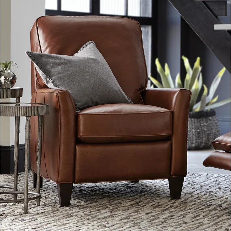 Handcrafted Brown Leather Recliner with Dark Wood Finish
