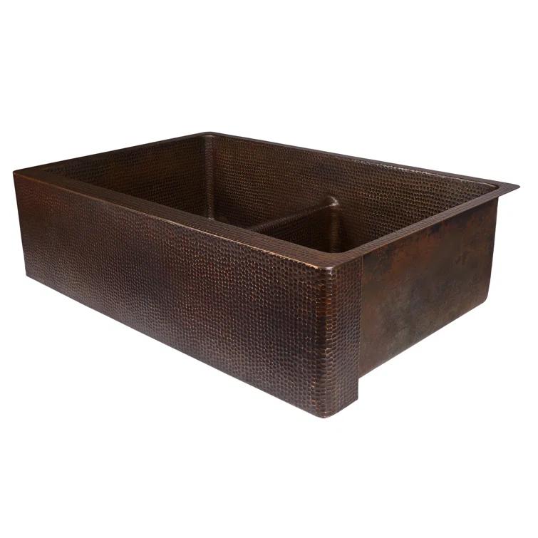 33" Hammered Copper Kitchen Apron 50/50 Double Basin Sink with Short 5" Divider w/ Matching Drains and Accessories