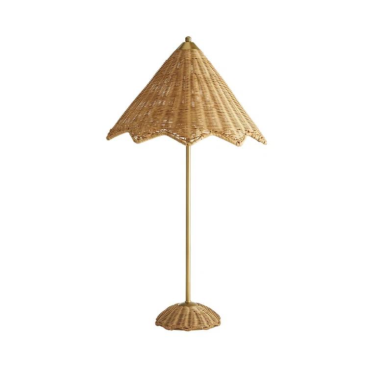Antique Brass and Rattan Wicker Table Lamp, 28"