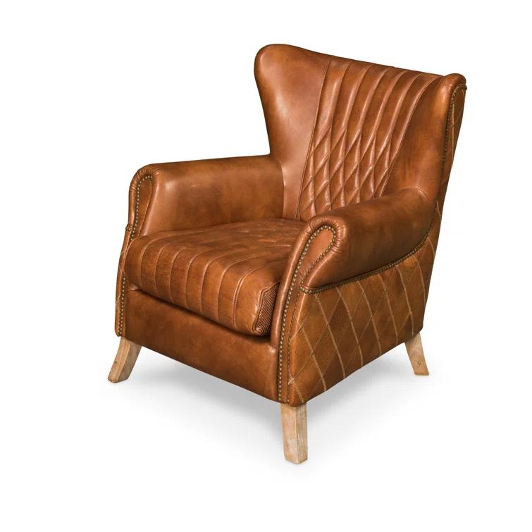 Transitional Bugatti Brown Leather & Wood Wingback Arm Chair