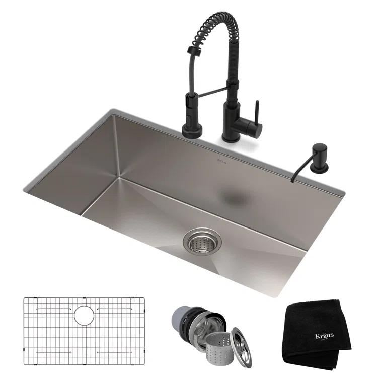 KRAUS 30-in Standart PRO Kitchen Sink Combo Set with Bolden Kitchen Faucet and Soap Dispenser