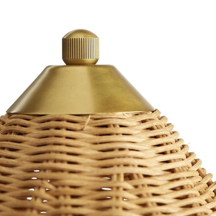 Antique Brass and Rattan Wicker Table Lamp, 28"
