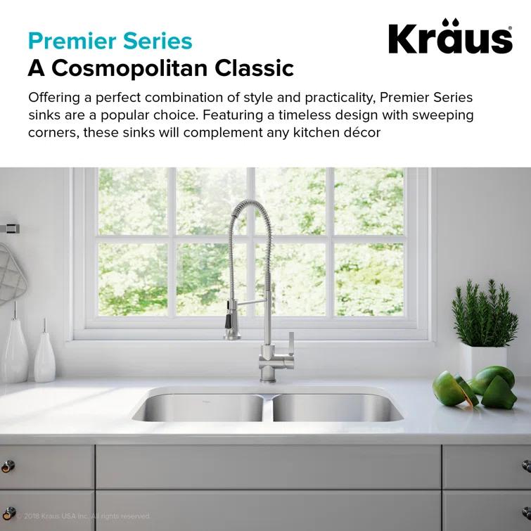 Kraus KRAUS Premier 32-inch L 18 Gauge Undermount 50/50 Double Bowl Stainless Steel Kitchen Sink KBU29