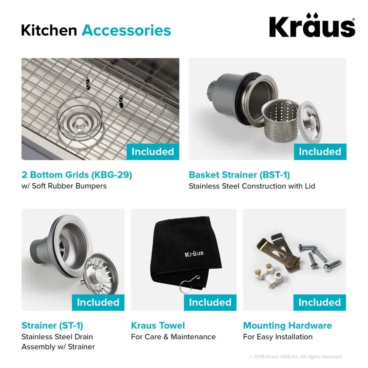 Kraus KRAUS Premier 32-inch L 18 Gauge Undermount 50/50 Double Bowl Stainless Steel Kitchen Sink KBU29