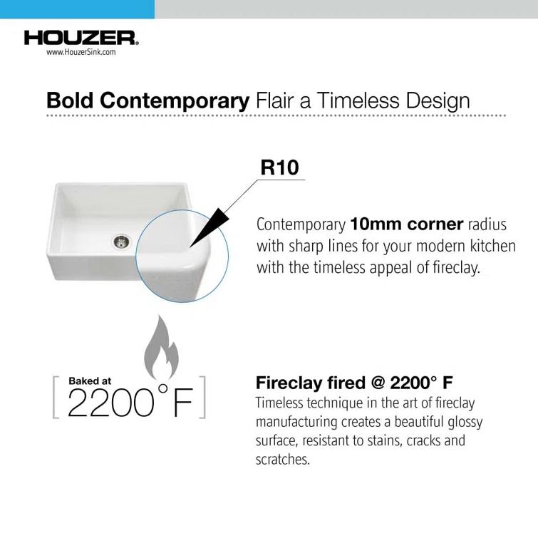Houzer PTG-3600 WH Platus Houzer Farmhouse Apron Front/Undermount 36 inch Fireclay Single Bowl Kitchen Sink