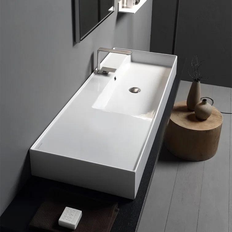 Scarabeo By Nameeks 18.1'' White Ceramic Rectangular Vessel, Wall Mount Bathroom Sink with Overflow