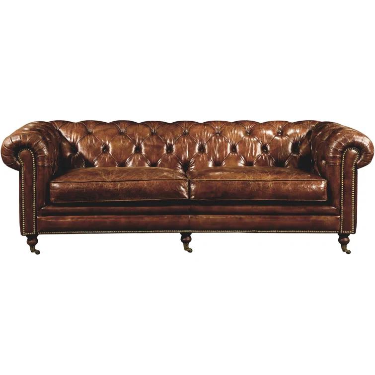 Idalia 87" Genuine Leather Rolled Arm Chesterfield Sofa with Reversible Cushions