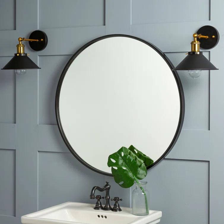 Luna 30" Round Black Matte Wood Wall Mirror