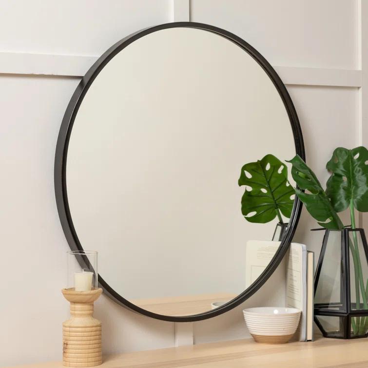 Luna 30" Round Black Matte Wood Wall Mirror