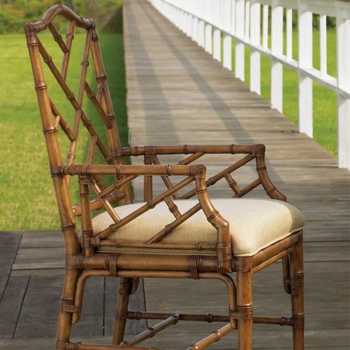 Beige Leather Wrapped Bamboo Arm Chair with Geometric Design