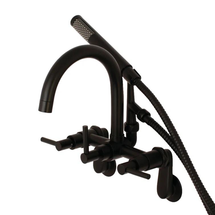 Kingston Brass Concord Three-Handle 2-Hole Tub Wall Mount Clawfoot Tub Faucet with Hand Shower