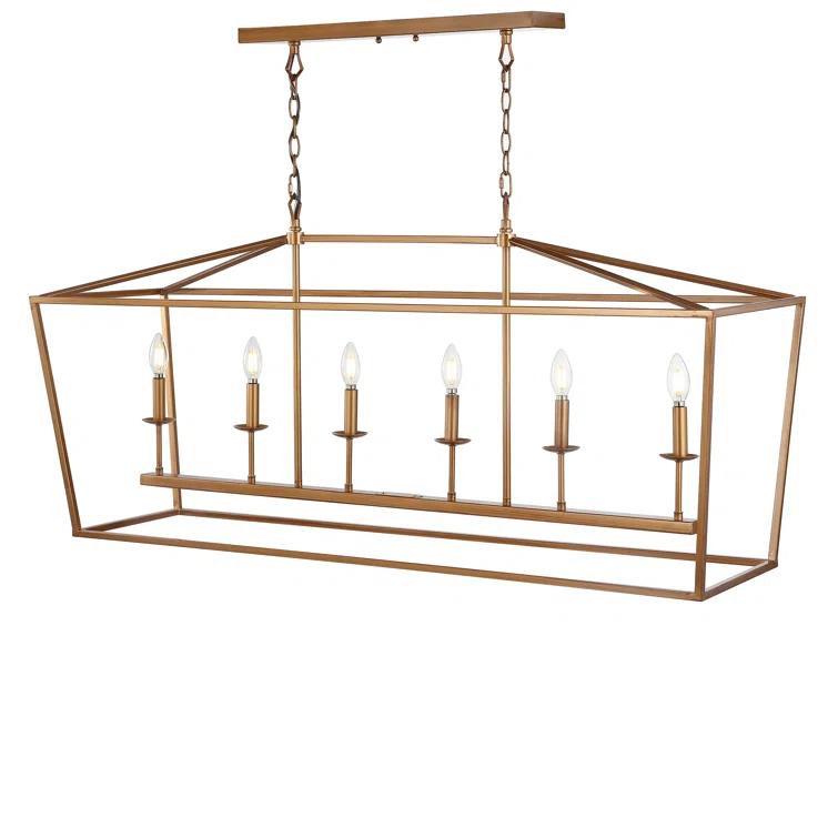 Pagoda 49" Linear 6-Bulb Lantern Metal LED Pendant, Antique Gold