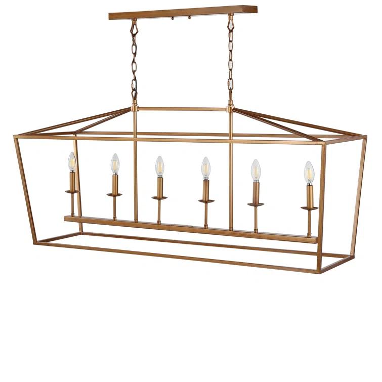 Pagoda 49" Linear 6-Bulb Lantern Metal LED Pendant, Antique Gold