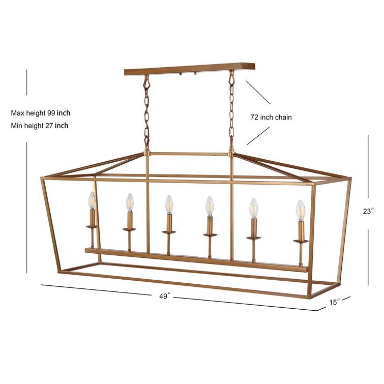 Pagoda 49" Linear 6-Bulb Lantern Metal LED Pendant, Antique Gold