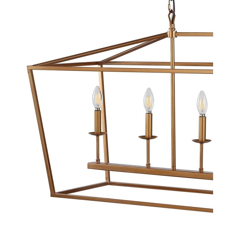 Pagoda 49" Linear 6-Bulb Lantern Metal LED Pendant, Antique Gold