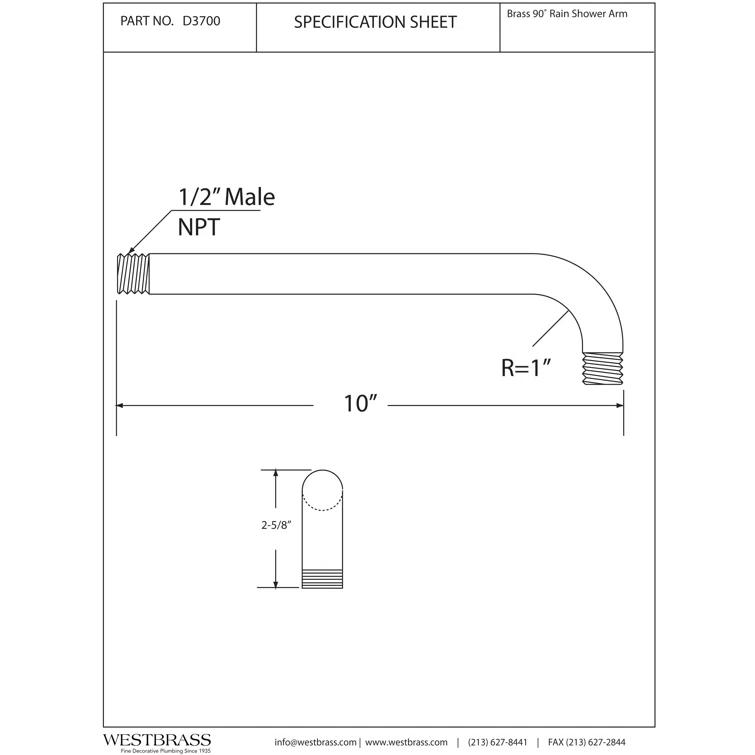 1/2" IPS x 10" IPS Wall Mount 90-Degree Rain Shower Arm with Flange