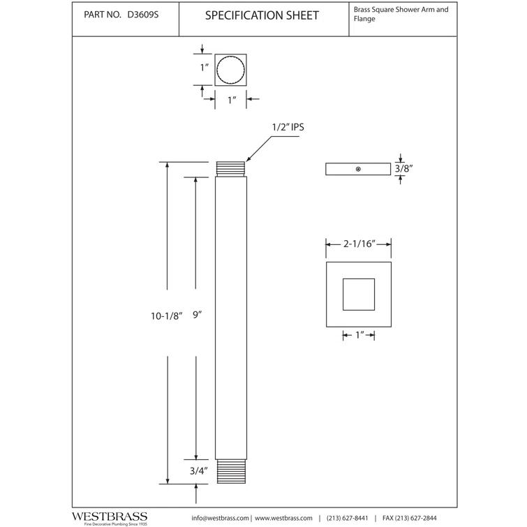 1/2" IPS Square Ceiling Mount Shower Arm & Flange