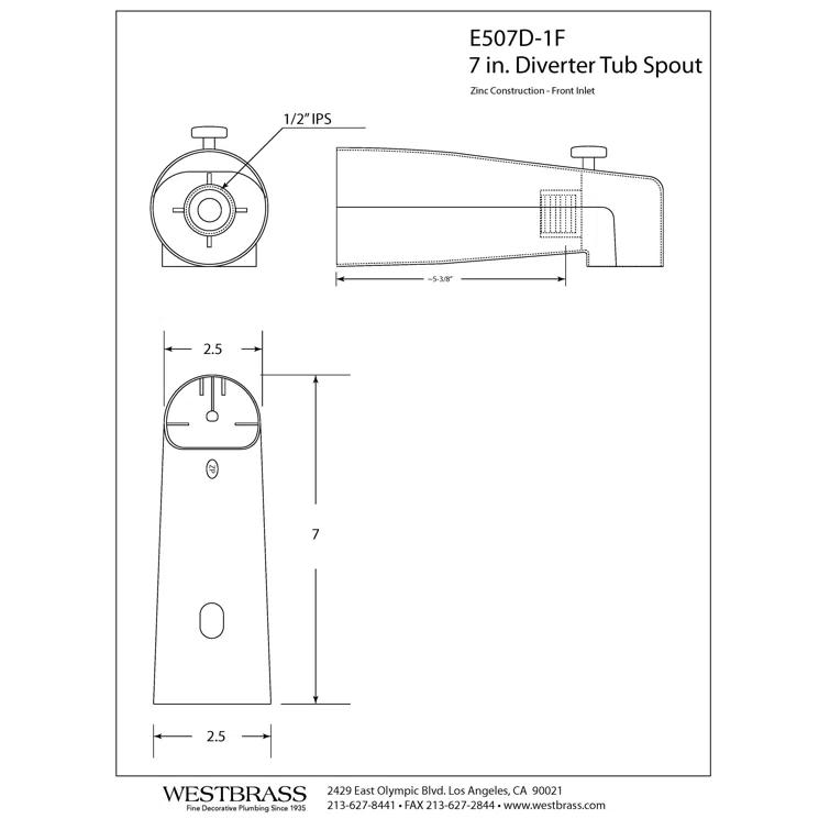 7" Reach Wall Mount Tub Spout with Diverter