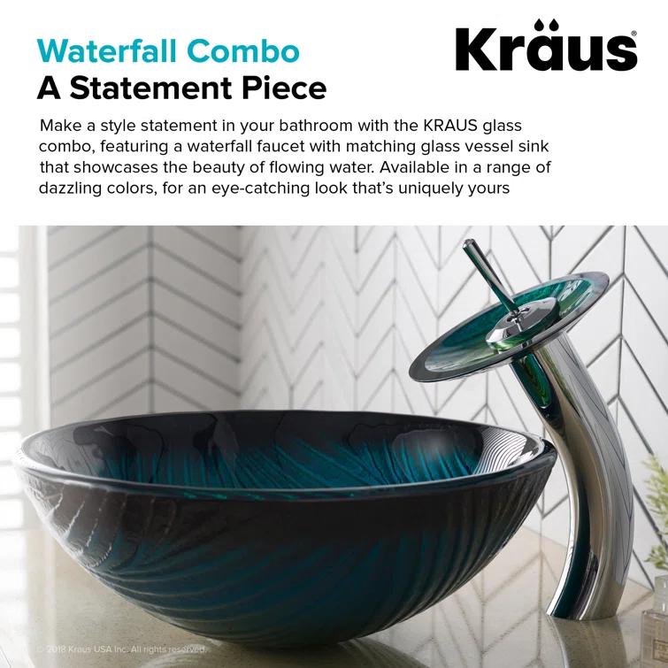 Kraus Nei Glass Bathroom Vessel Sink and Waterfall Faucet Set with Pop-Up Drain