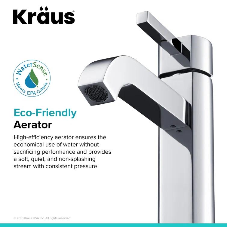 Kraus Ramus Vessel Mixer Single-Handle Bathroom Faucet with Matching Pop-Up Drain