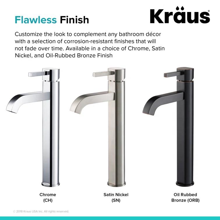 Kraus Ramus Vessel Mixer Single-Handle Bathroom Faucet with Matching Pop-Up Drain