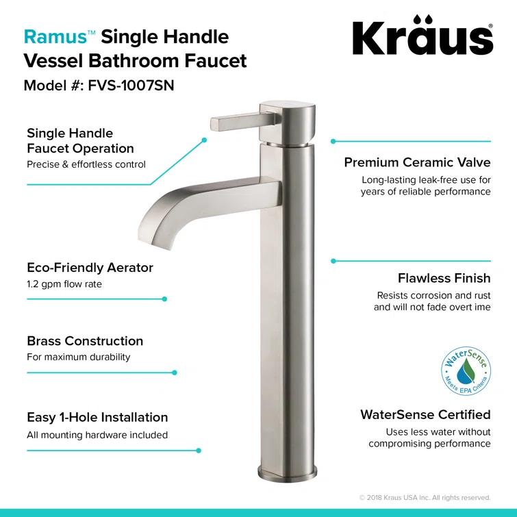 Kraus FVS-1007-PU-10SN Kraus Ramus Vessel Mixer Single-Handle Bathroom Faucet with Matching Pop-Up Drain