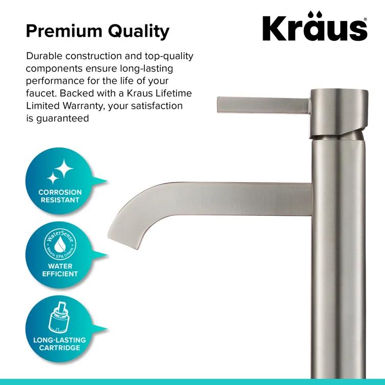 Kraus FVS-1007-PU-10SN Kraus Ramus Vessel Mixer Single-Handle Bathroom Faucet with Matching Pop-Up Drain