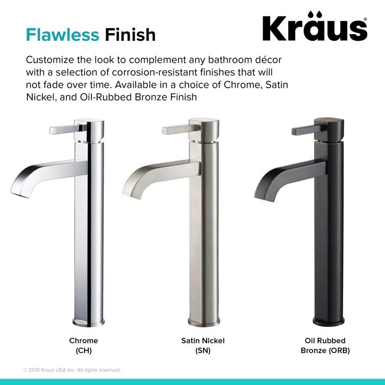 Kraus FVS-1007-PU-10SN Kraus Ramus Vessel Mixer Single-Handle Bathroom Faucet with Matching Pop-Up Drain