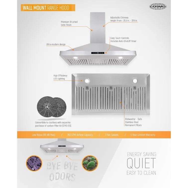 Cosmo 36 in. Vista Collection Ducted Wall Mount Range Hood, Touch Controls, LED Lights, Permanent Filters, Stainless Steel