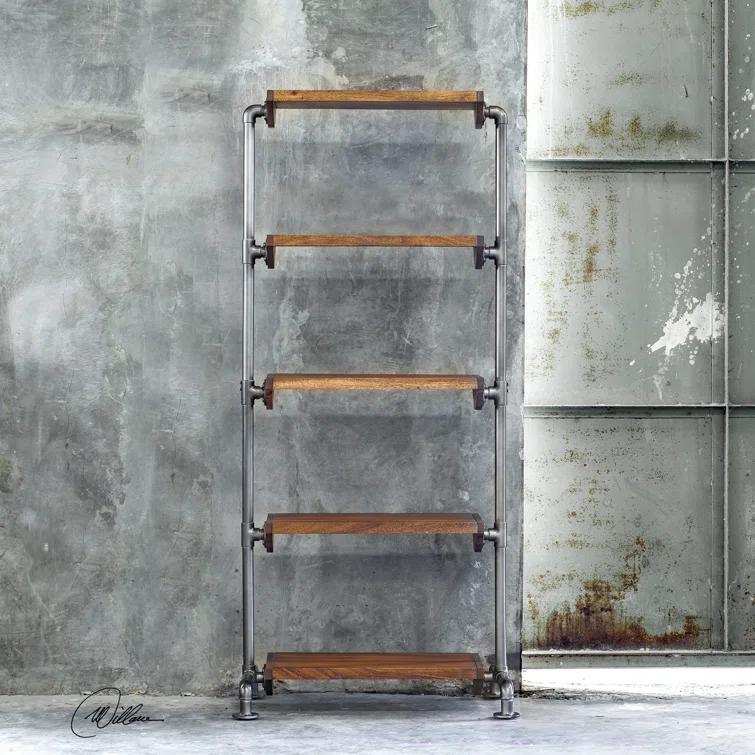 Uttermost Rhordyn 4-Shelf Wood and Metal Bookcase in Walnut and Gunmetal