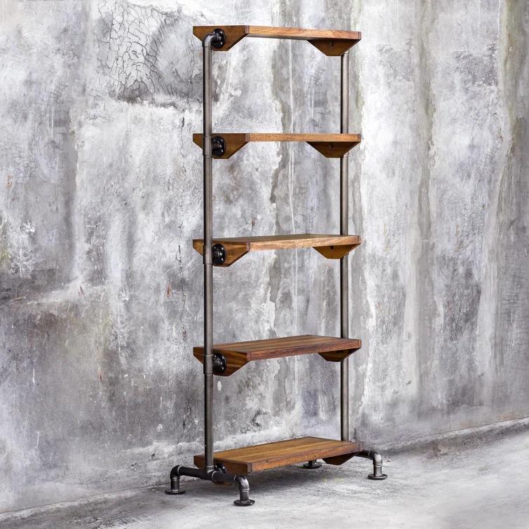 Uttermost Rhordyn 4-Shelf Wood and Metal Bookcase in Walnut and Gunmetal