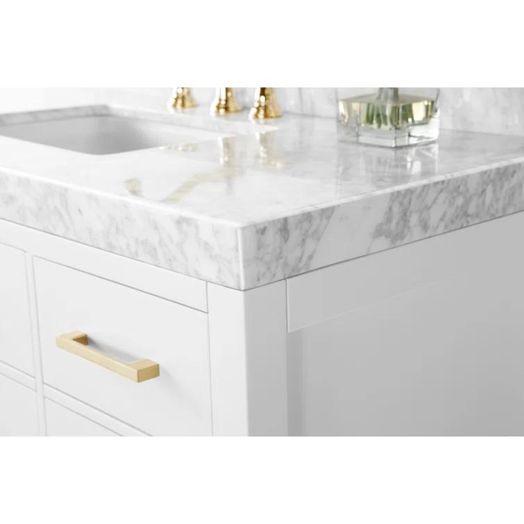 Ancerre Designs Elizabeth 48 in. Bath Vanity Set in White with Italian Carrara White Marble Vanity top and White Undermount Basin with Gold Hardware and 28 in. White Mirror | Perigold