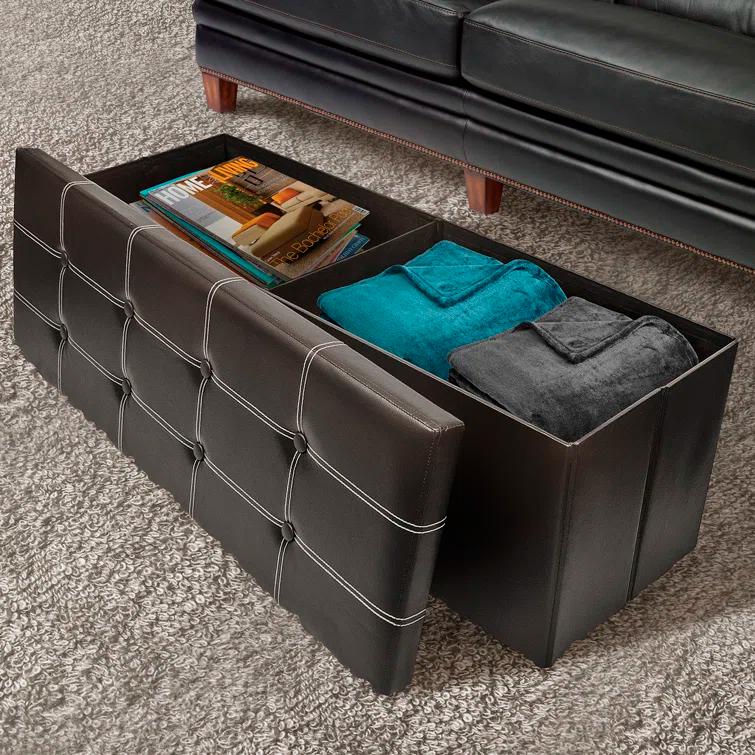 Sorbus Sorbus 43" Wide Faux Leather Tufted Rectangle Standard Ottoman with Storage in Black