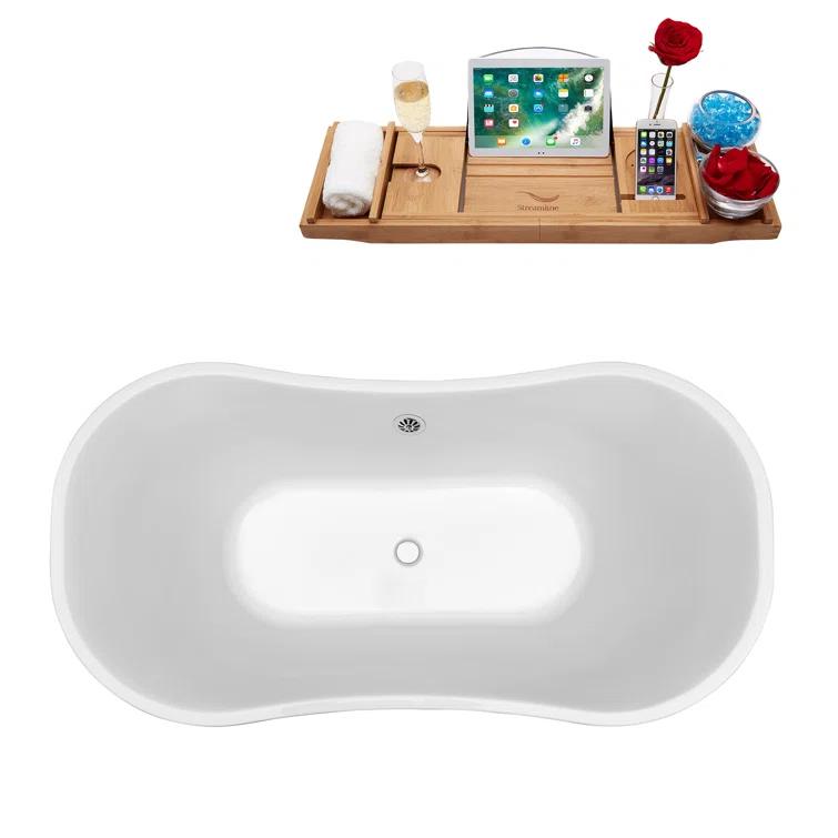 68" Streamline Freestanding Soaking Acrylic Bathtub With Drain and Bamboo Tray