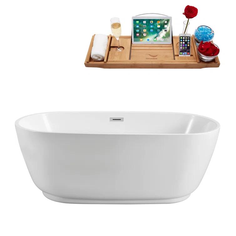 71" Streamline Freestanding Soaking Acrylic Bathtub With Drain and Bamboo Tray