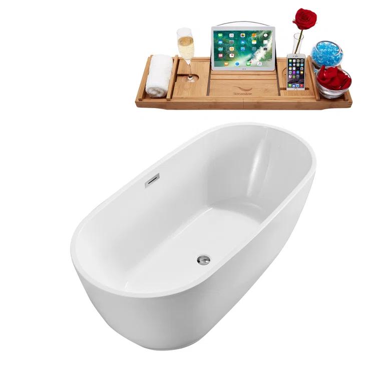 71" Streamline Freestanding Soaking Acrylic Bathtub With Drain and Bamboo Tray