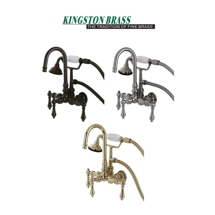 Kingston Brass Aqua Vintage Three-Handle 2-Hole Tub Wall Mount Clawfoot Tub Faucet with Hand Shower