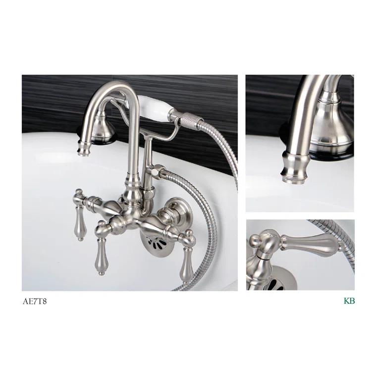 Kingston Brass Aqua Vintage Three-Handle 2-Hole Tub Wall Mount Clawfoot Tub Faucet with Hand Shower