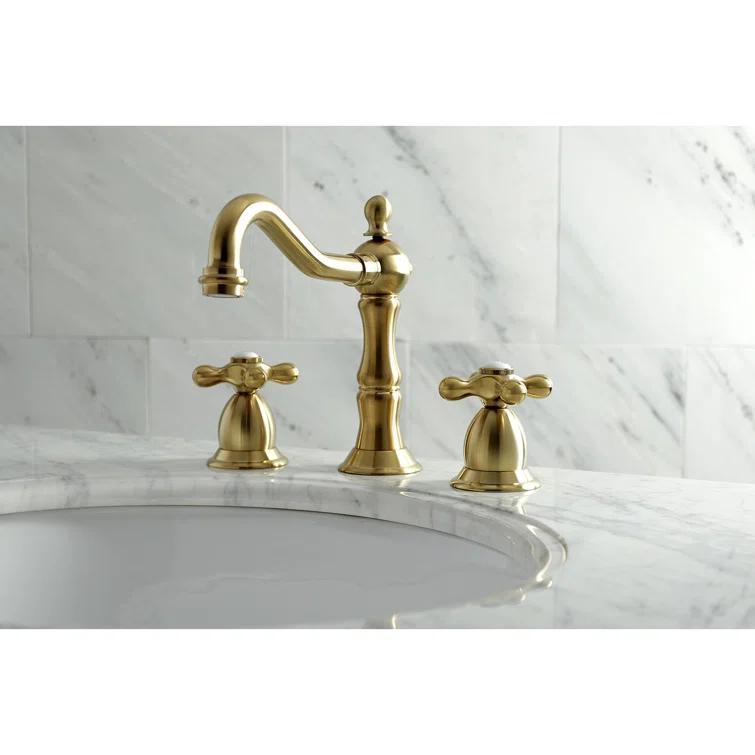 Kingston Brass Heritage Two-Handle 3-Hole Deck Mount Widespread Bathroom Faucet with Brass Pop-Up Drain