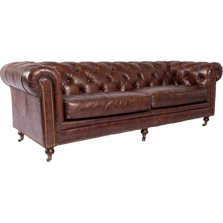 Idalia 87" Genuine Leather Rolled Arm Chesterfield Sofa with Reversible Cushions
