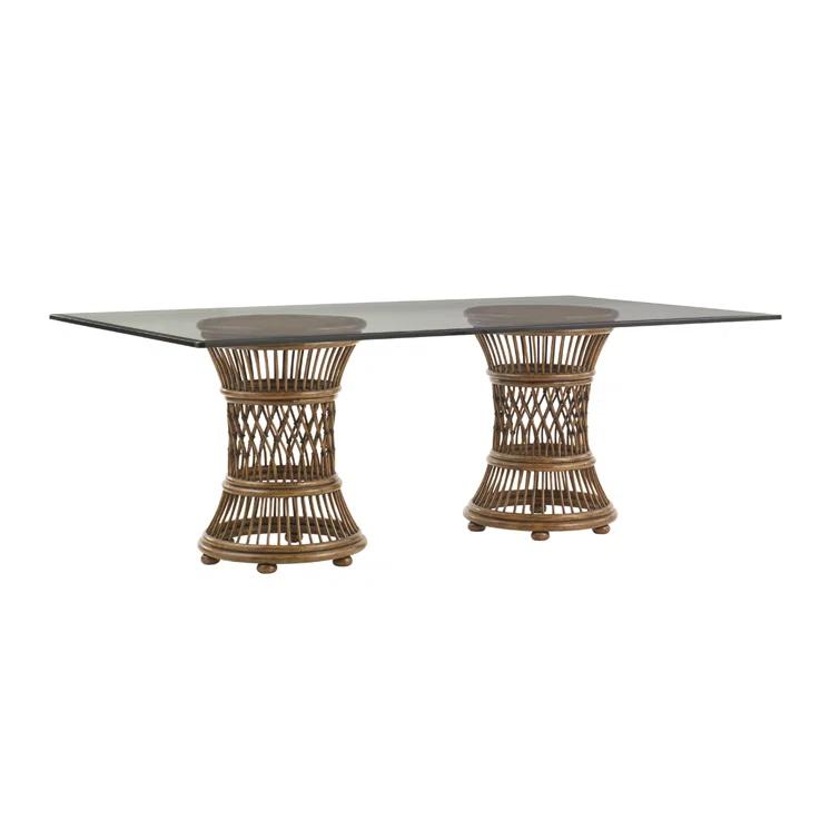 Elegant Aruba Transitional Glass Dining Table with Leather-Wrapped Rattan Base