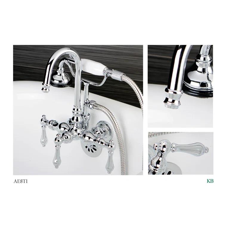 Kingston Brass Aqua Vintage Three-Handle 2-Hole Tub Wall Mount Clawfoot Tub Faucet with Hand Shower