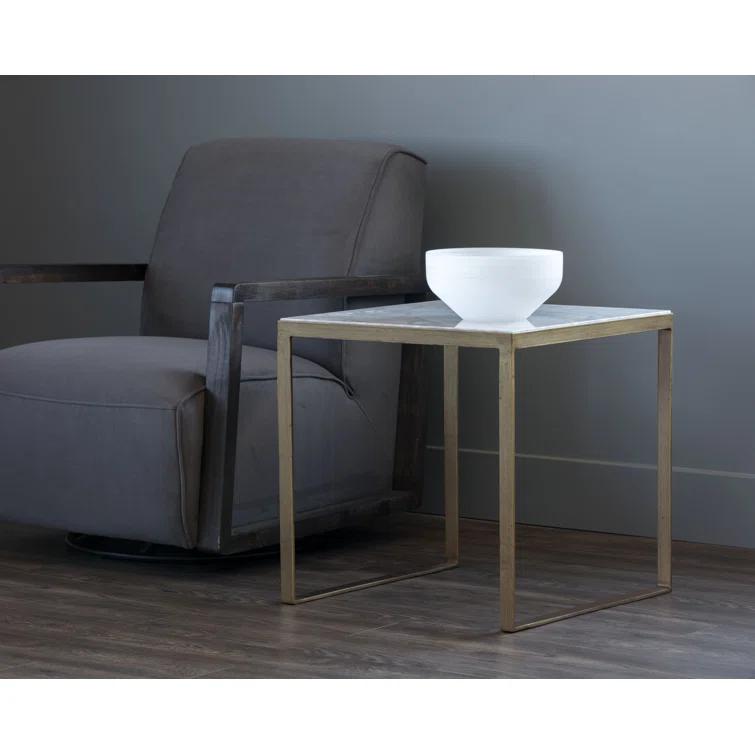 White Marble and Brass Square End Table