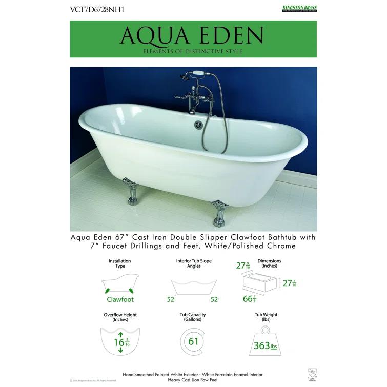 Kingston Brass Aqua Eden 67-Inch Cast Iron Oval Double Slipper Clawfoot Tub (7-Inch Faucet Drillings)