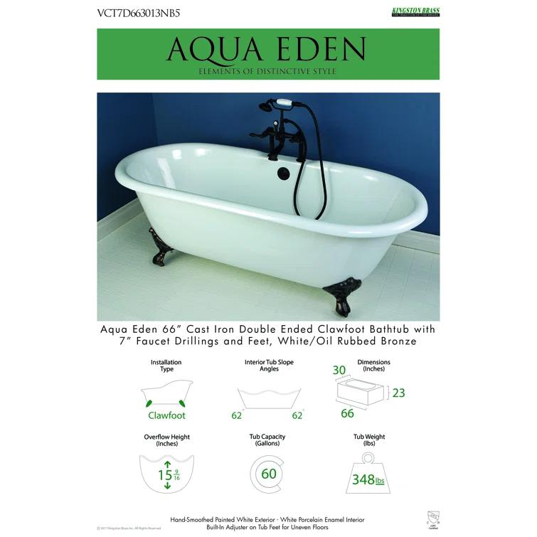 Kingston Brass Aqua Eden 66-Inch Cast Iron Oval Double Ended Clawfoot Tub (7-Inch Faucet Drillings)