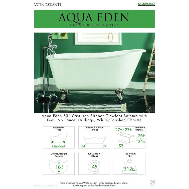 Kingston Brass Aqua Eden 53-Inch Cast Iron Oval Single Slipper Clawfoot Tub (No Faucet Drillings)