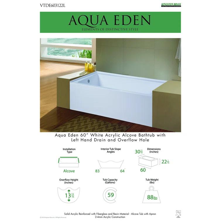 Kingston Brass Aqua Eden 60-Inch Acrylic Rectangular 3-Wall Alcove Tub